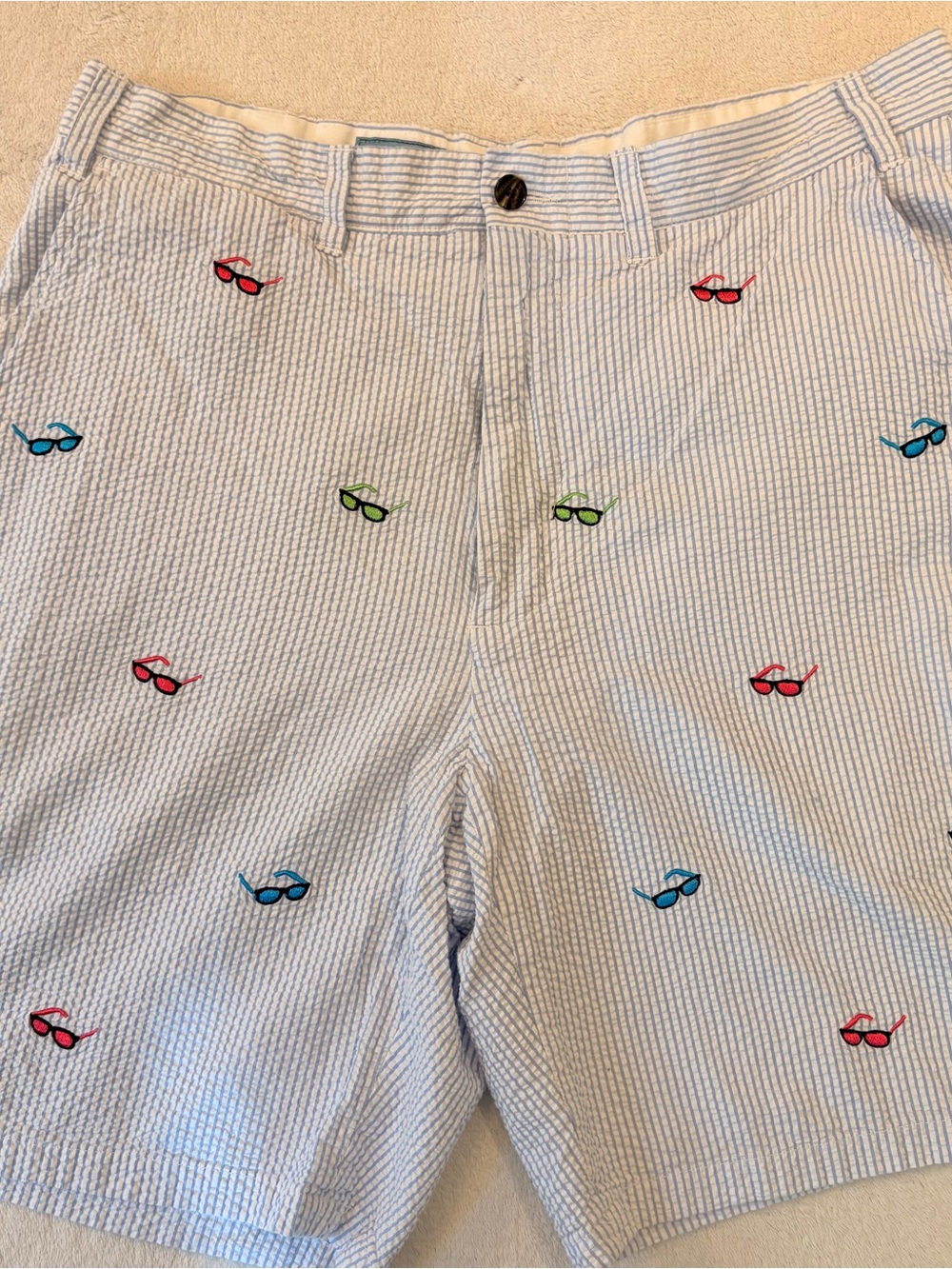 Castaway Blue White Seersucker Men’s Shorts Sunglasses Embroidery Sz 34
